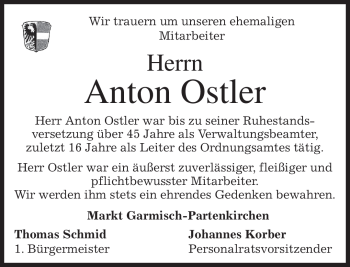 Traueranzeige von Anton Ostler von MERKUR & TZ