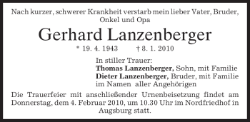 Traueranzeige von Gerhard Lanzenberger von MERKUR & TZ