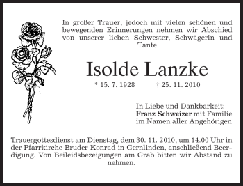 Traueranzeige von Isolde Lanzke von MERKUR & TZ