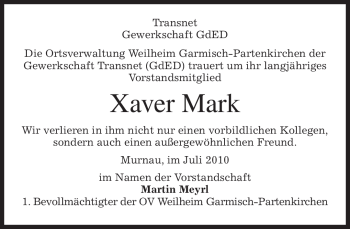 Traueranzeige von Xaver Mark von MERKUR & TZ