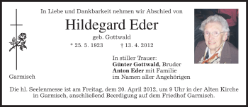 Traueranzeige von Hildegard Eder von MERKUR & TZ
