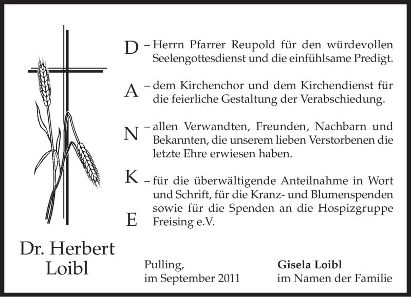  Traueranzeige für Herbert Loibl vom 10.09.2011 aus MERKUR & TZ