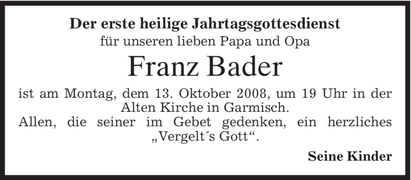  Traueranzeige für Franz Bader vom 11.10.2008 aus MERKUR & TZ