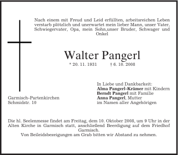 Traueranzeige von Walter Pangerl von MERKUR & TZ