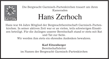 Traueranzeige von Hans Zerhoch von MERKUR & TZ