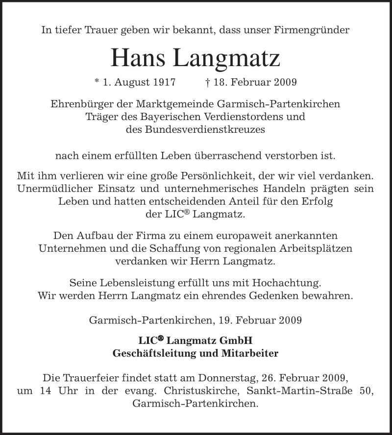  Traueranzeige für Hans Langmatz vom 21.02.2009 aus MERKUR & TZ