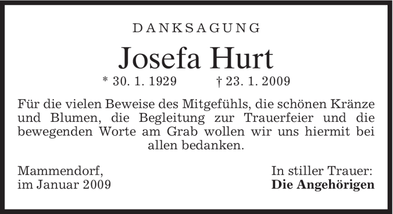  Traueranzeige für Josefa Hurt vom 31.01.2009 aus MERKUR & TZ