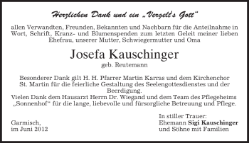 Traueranzeige von Josefa Kauschinger von MERKUR & TZ