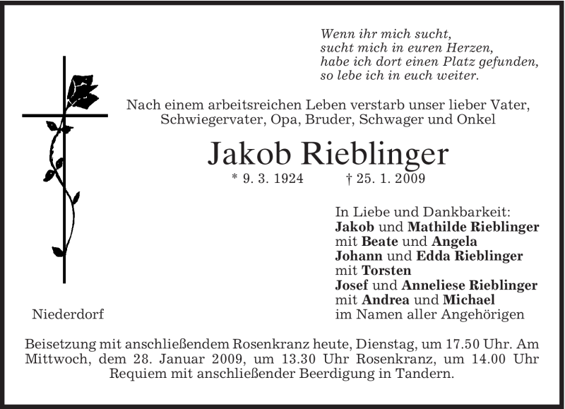  Traueranzeige für Jakob Rieblinger vom 27.01.2009 aus MERKUR & TZ