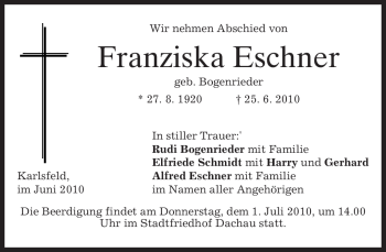 Traueranzeige von Franziska Eschner von MERKUR & TZ