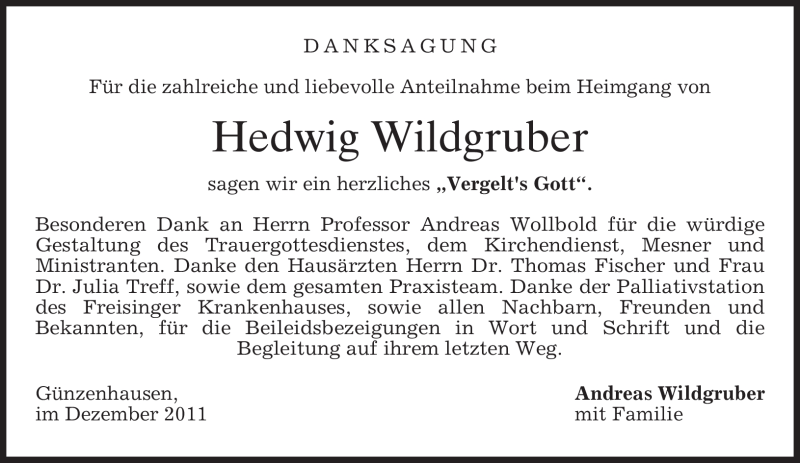  Traueranzeige für Hedwig Wildgruber vom 17.12.2011 aus MERKUR & TZ