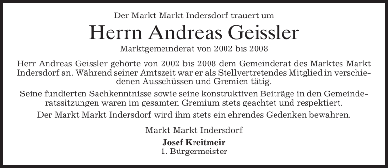  Traueranzeige für Andreas Geissler vom 22.01.2011 aus MERKUR & TZ