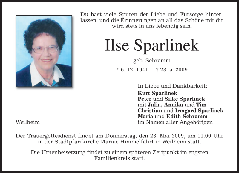  Traueranzeige für Ilse Sparlinek vom 26.05.2009 aus MERKUR & TZ