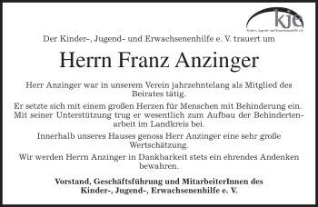 Traueranzeige von Franz Anzinger von MERKUR & TZ