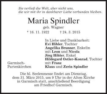 Traueranzeige von Maria Spindler von merkurtz