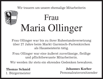 Traueranzeige von Maria Ollinger von MERKUR & TZ