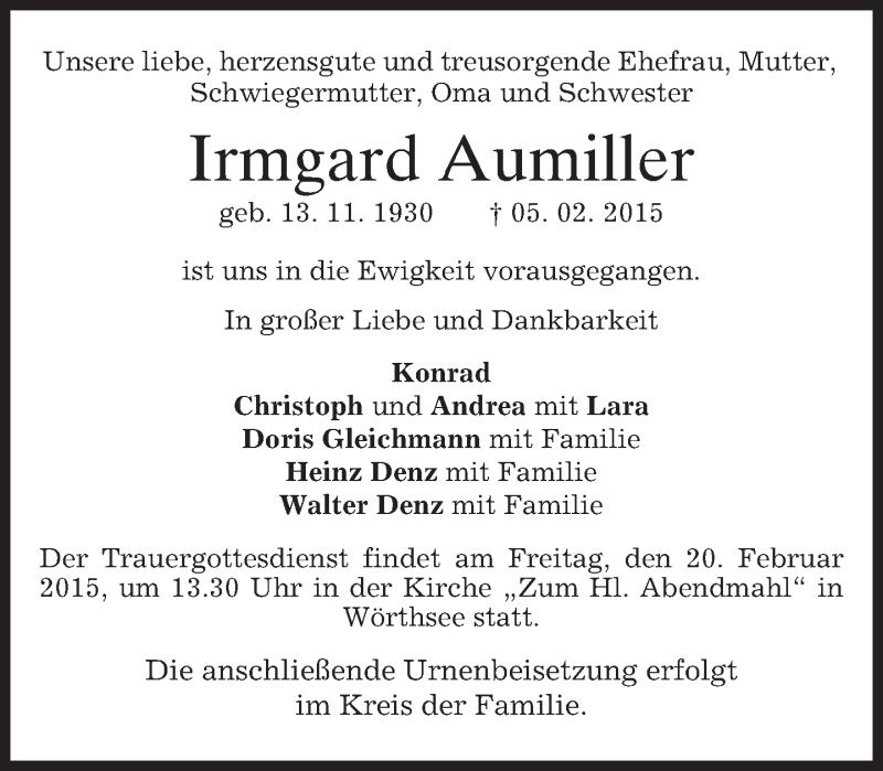  Traueranzeige für Irmgard Aumiller vom 14.02.2015 aus merkurtz