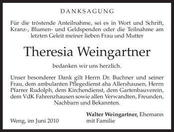 Traueranzeige von Theresia Weingartner von MERKUR & TZ