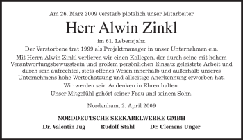 Traueranzeige von Alwin Zinkl von MERKUR & TZ