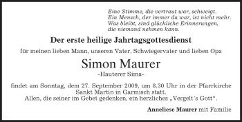 Traueranzeige von Simon Maurer von MERKUR & TZ