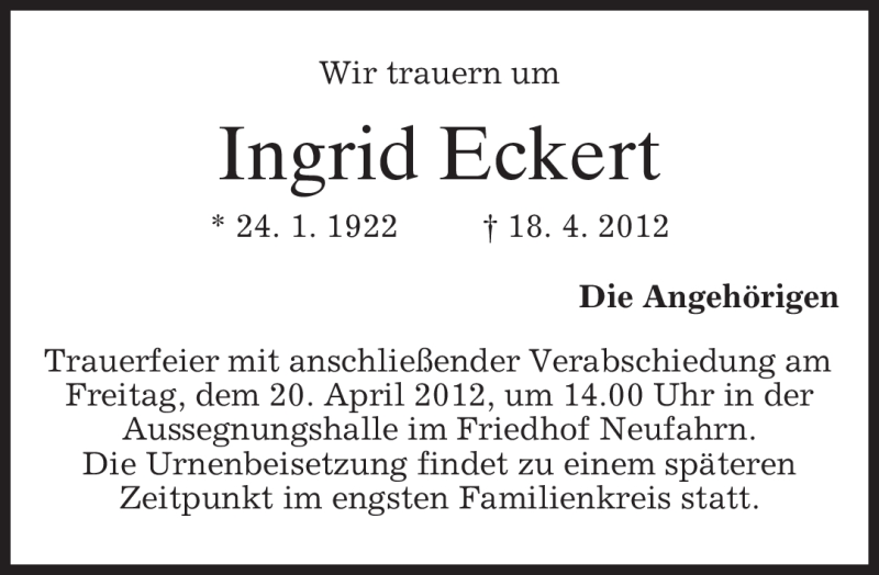  Traueranzeige für Ingrid Eckert vom 19.04.2012 aus MERKUR & TZ