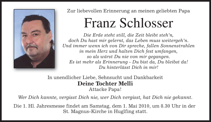  Traueranzeige für Franz Schlosser vom 29.04.2010 aus MERKUR & TZ