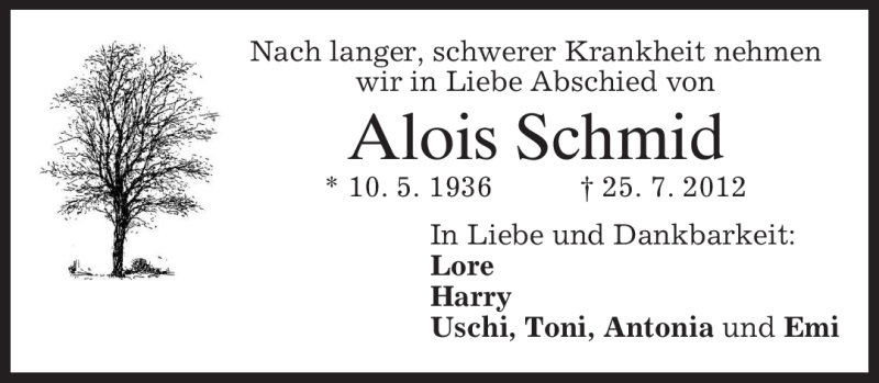  Traueranzeige für Alois Schmid vom 28.07.2012 aus MERKUR & TZ