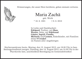 Traueranzeige von Maria Zachä von MERKUR & TZ