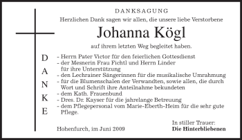 Traueranzeige von Johanna Kögl von MERKUR & TZ