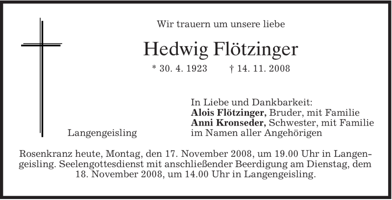  Traueranzeige für Hedwig Flötzinger vom 17.11.2008 aus MERKUR & TZ