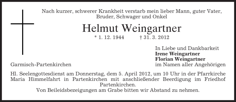  Traueranzeige für Helmut Weingartner vom 03.04.2012 aus MERKUR & TZ