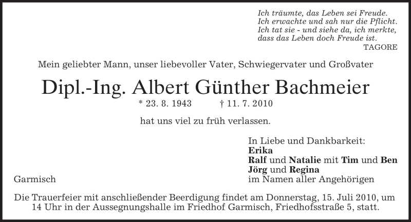  Traueranzeige für Albert Günther Bachmeier vom 13.07.2010 aus MERKUR & TZ