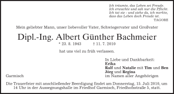 Traueranzeige von Albert Günther Bachmeier von MERKUR & TZ