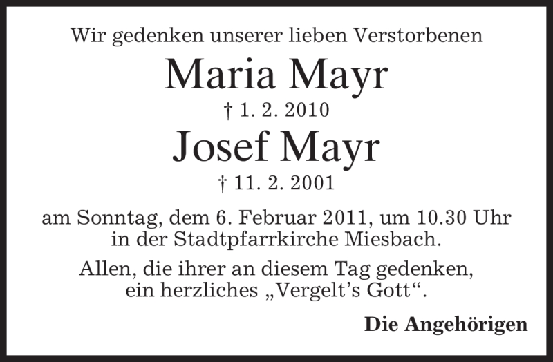  Traueranzeige für Josef Mayr vom 05.02.2011 aus MERKUR & TZ