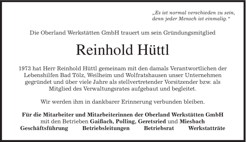  Traueranzeige für Reinhold Hüttl vom 30.01.2009 aus MERKUR & TZ