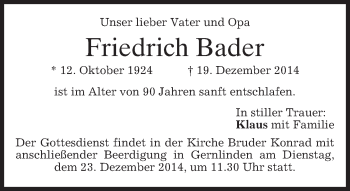 Traueranzeige von Friedrich Bader von merkurtz