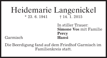 Traueranzeige von Heidemarie Langenickel von merkurtz