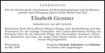 Traueranzeige von Elisabeth Gerstner von MERKUR & TZ