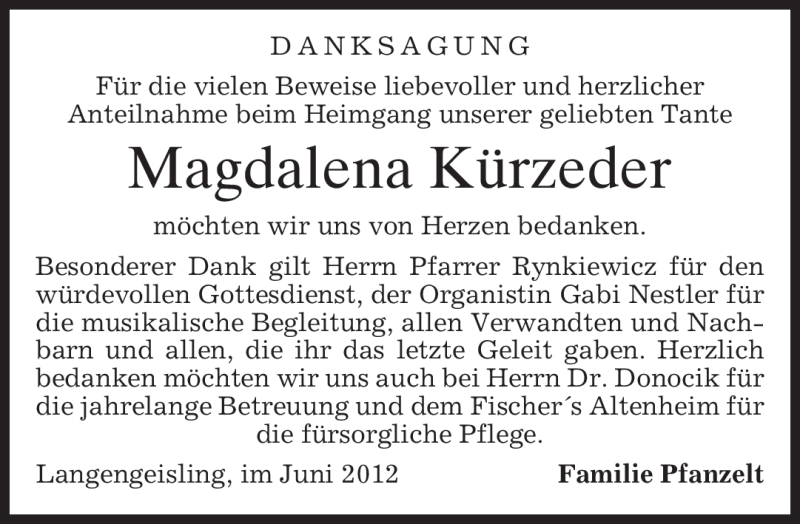  Traueranzeige für Magdalena Kürzeder vom 16.06.2012 aus MERKUR & TZ