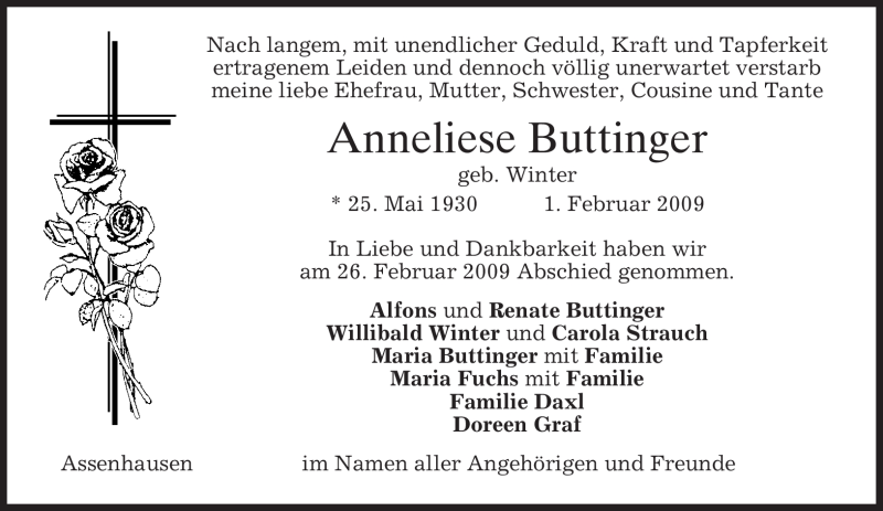  Traueranzeige für Anneliese Buttinger vom 28.02.2009 aus MERKUR & TZ