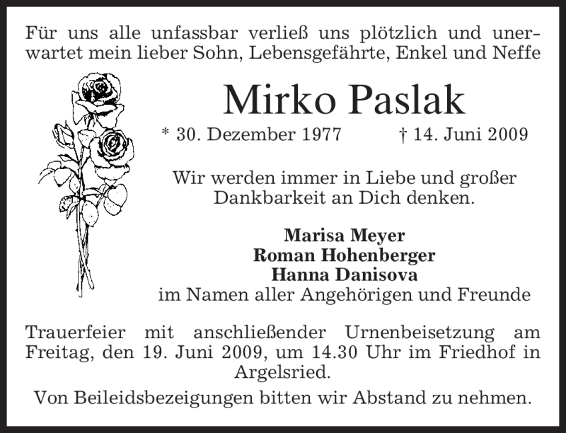  Traueranzeige für Mirko Paslak vom 17.06.2009 aus MERKUR & TZ