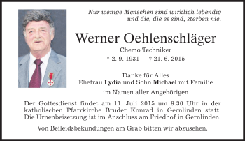 Traueranzeige von Werner Oehlenschläger von merkurtz