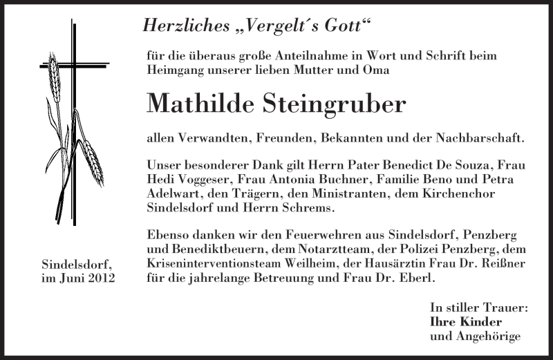  Traueranzeige für Mathilde Steingruber vom 23.06.2012 aus MERKUR & TZ