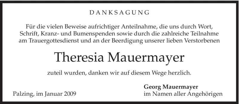  Traueranzeige für Theresia Mauermayer vom 31.01.2009 aus MERKUR & TZ