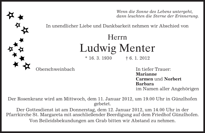  Traueranzeige für Ludwig Menter vom 10.01.2012 aus MERKUR & TZ