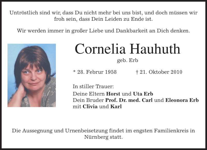  Traueranzeige für Cornelia Hauhuth vom 23.10.2010 aus MERKUR & TZ