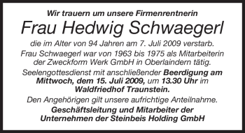 Traueranzeige von Hedwig Schwaegerl von MERKUR & TZ