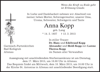 Traueranzeige von Anna Kopp von merkurtz