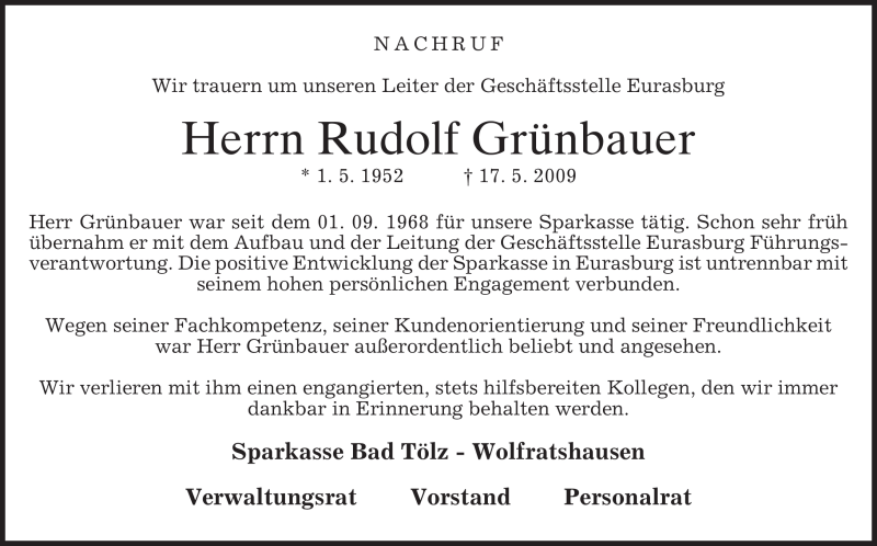  Traueranzeige für Rudolf Grünbauer vom 20.05.2009 aus MERKUR & TZ