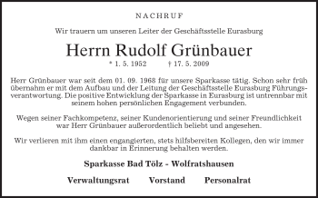 Traueranzeige von Rudolf Grünbauer von MERKUR & TZ
